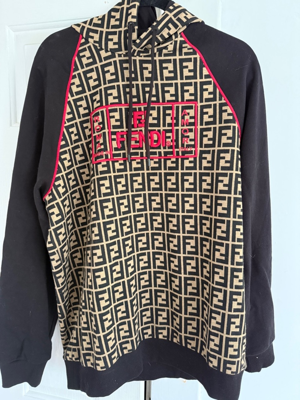 Fendi Tan & Black FF Monogram Hoodie with Pink Trim